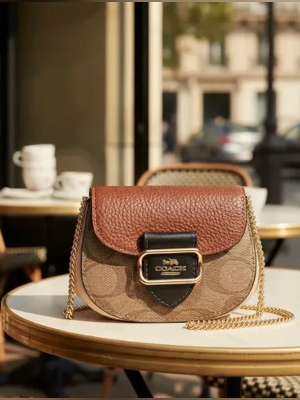 Coach Mini Signature Saddle Bag in Brown and Black with Gold Hardware